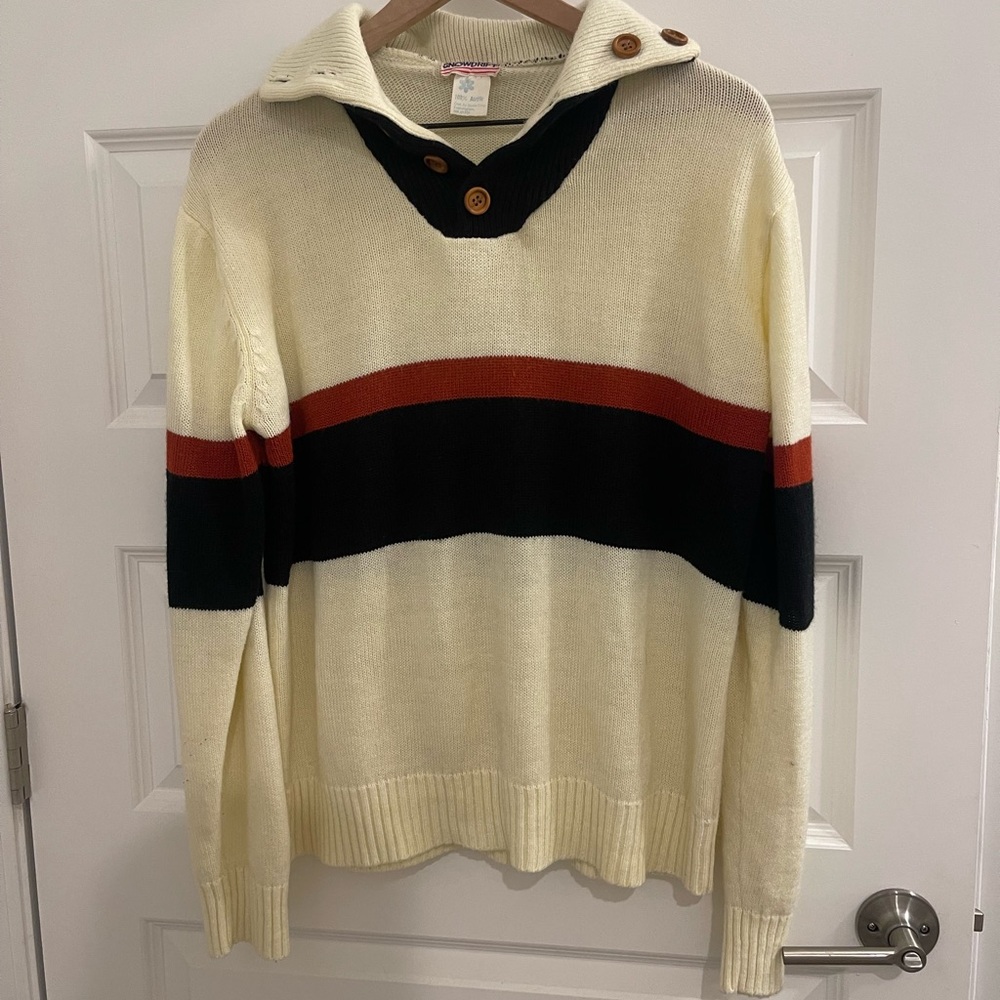 Vintage Men’s Cream Sweater with Red and Black Stripes